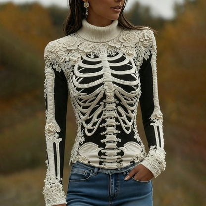 Women's Halloween Skeleton Bones With Roses Art Knitted Warm Turtleneck Sweater