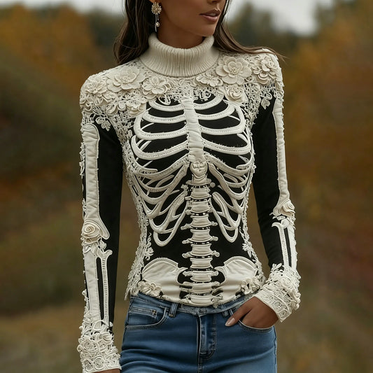 Women's Halloween Skeleton Bones With Roses Art Knitted Warm Turtleneck Sweater