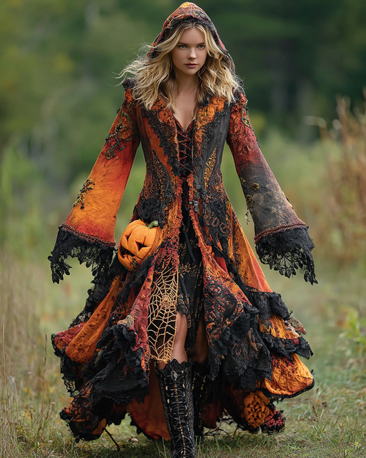 Halloween Themed Irregular Gradient Pumpkin Spiderweb Embroidery Lace Hooded Dress 0311