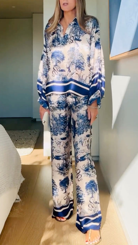 Blue Toile Print Satin Co-Ord Set