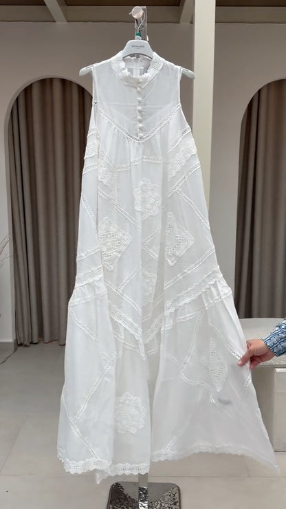 High Neck Eyelet Lace Sheer Maxi Dress