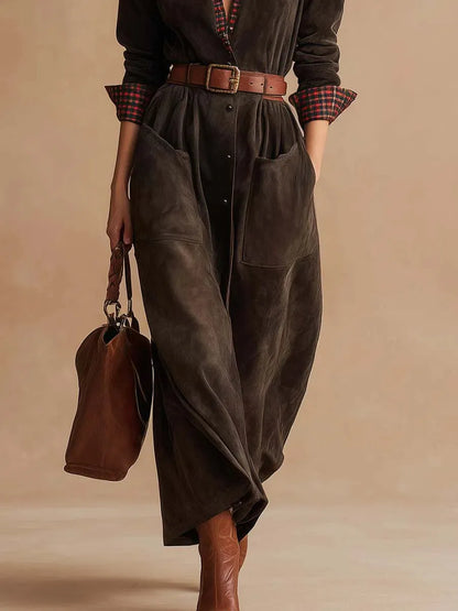 Retro dark brown suede patchwork plaid collared dress（Includes belt）