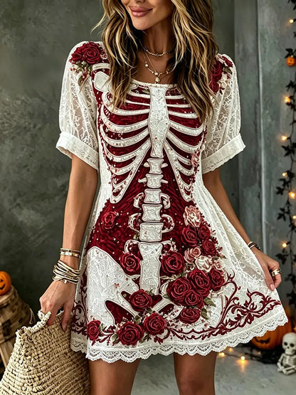 Women's Vintage Halloween Rose And Bloody Art Crew Neck Short Sleeve Mini Dress
