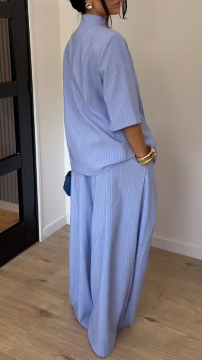 Pinstripe Stand Collar Blazer & Wide Leg Pants Co‑Ord Set