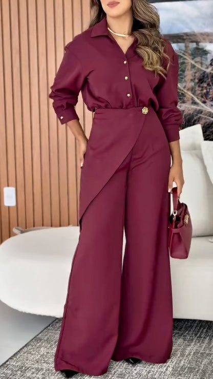 Collared Shirt & Wrap‑Waist Wide Leg Pants Co‑Ord Set