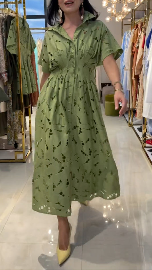 Eyelet Button-Front Shirt Midi Dress