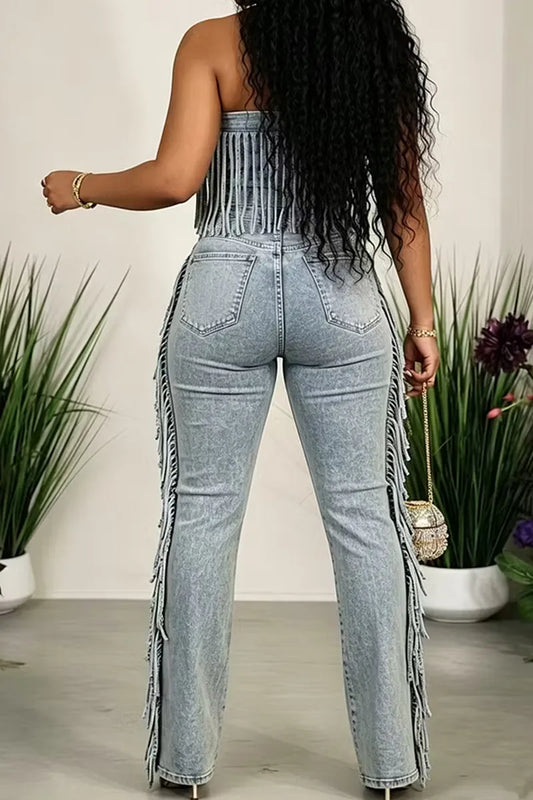Strapless Fringe Acid Wash Denim Flare Leg Jumpsuit