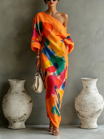 One-Shoulder Abstract Print Maxi Dress