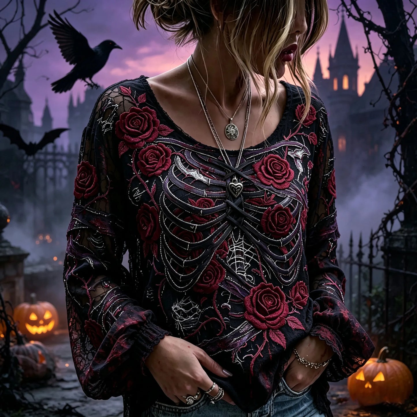 Women's Retro Halloween Floral And Bone Embroidered Long-sleeved Top