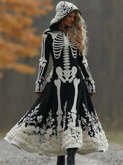 Women's Halloween Skeleton Bones With Rose Art Cozy Knit Hooded Sweater Dress