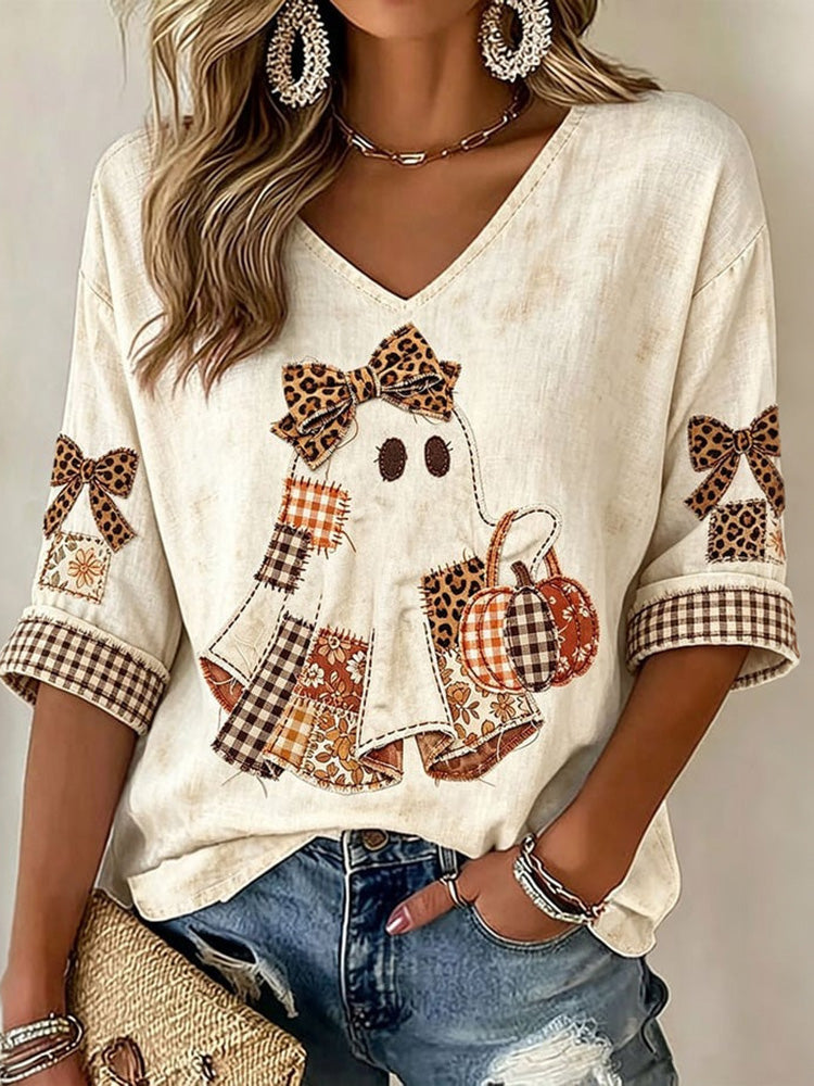 Women's Halloween Ghost Pattern Casual Mid-sleeve T-shirt