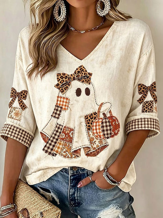 Women's Halloween Ghost Pattern Casual Mid-sleeve T-shirt