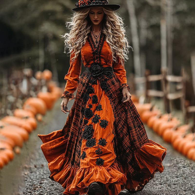 Women's  Classic Halloween Black Roses And Orange Plaid Art Comfy Velvet Maxi Dress