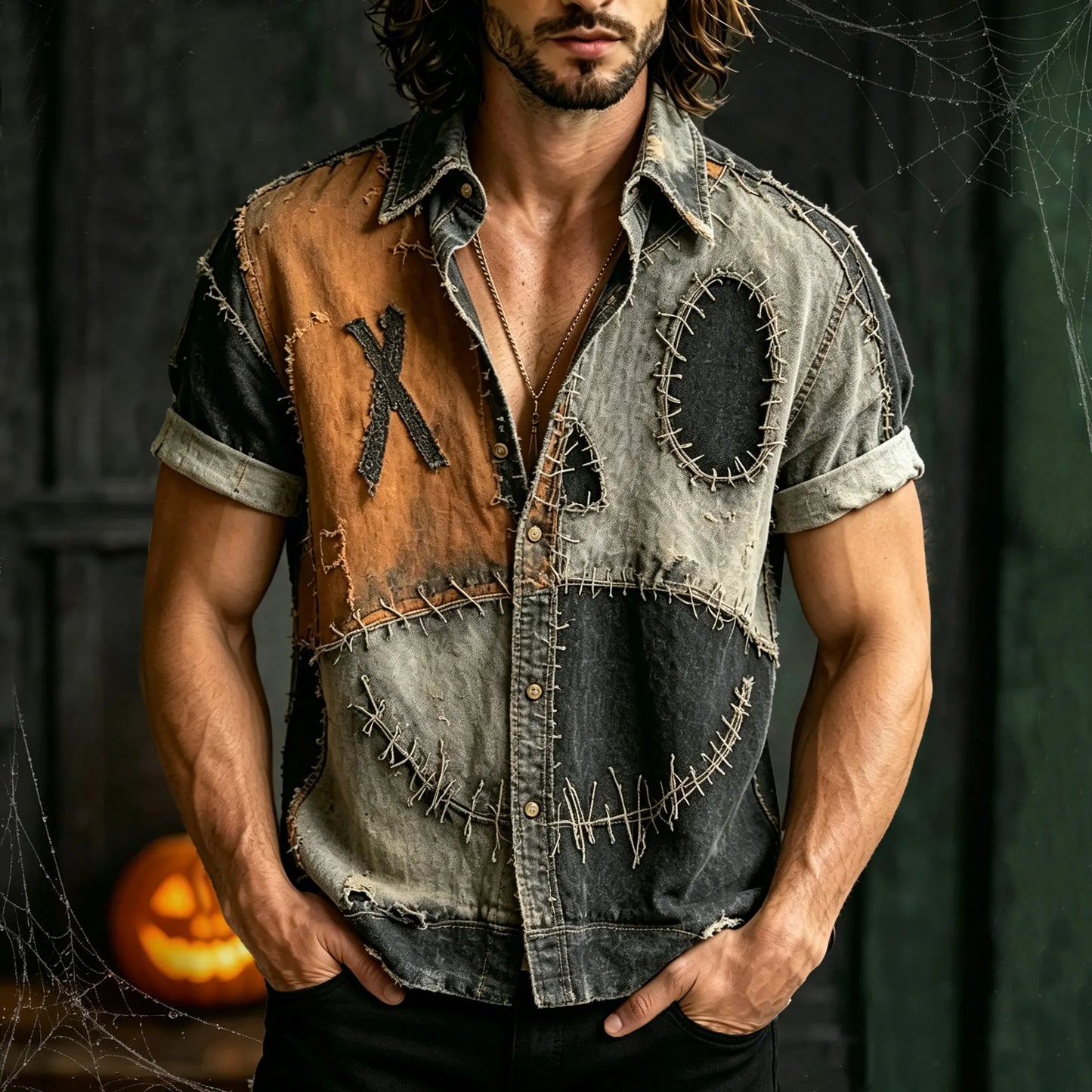 Men's Retro Halloween Scared Specter Face Patchwork Art Casual Shirt