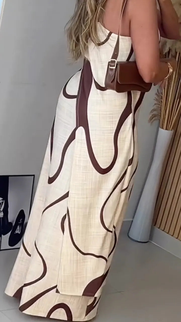 Brown Abstract Print One‑Shoulder Maxi Dress