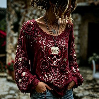 Women's Retro Halloween Style Skull And Rose Print Top