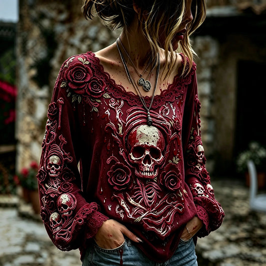 Women's Retro Halloween Style Skull And Rose Print Top