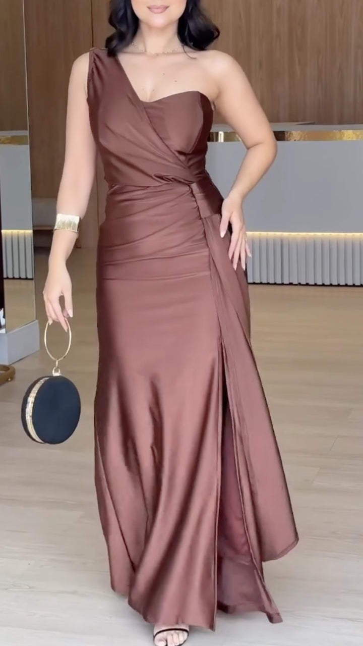 Brown Satin One-Shoulder Maxi Dress