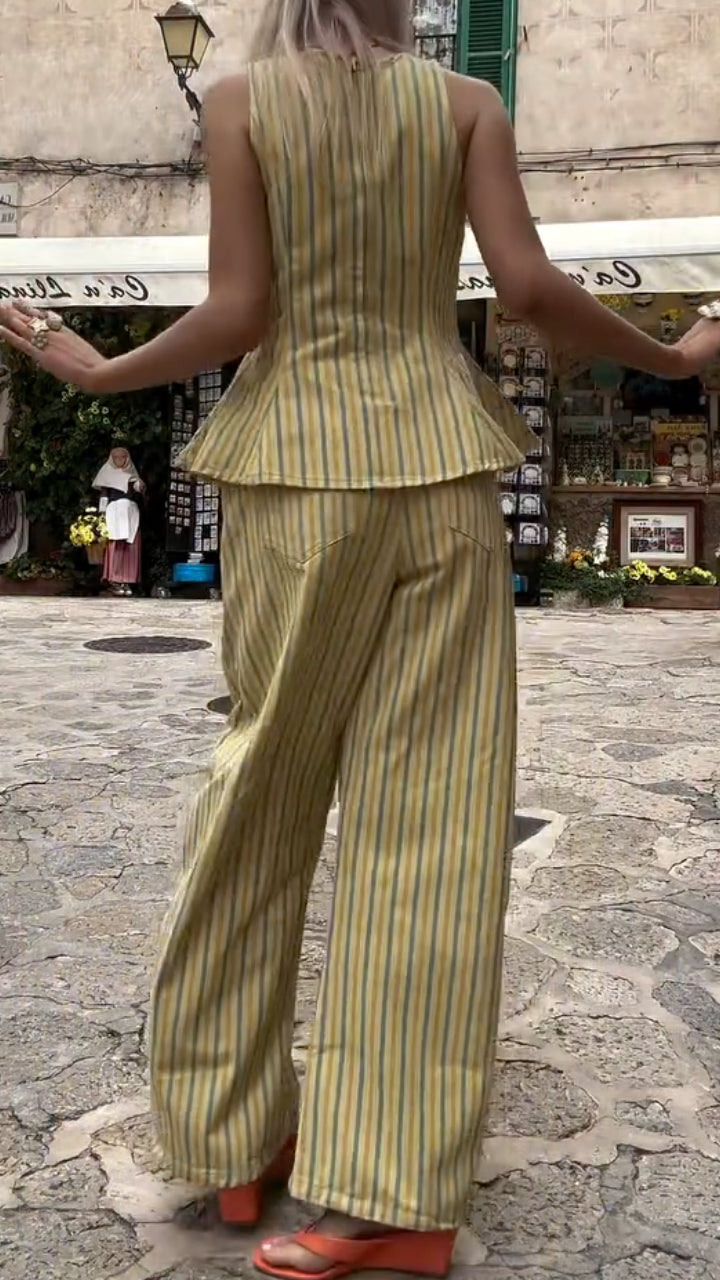 Stripe Peplum Top & Wide Leg Pants Co‑Ord