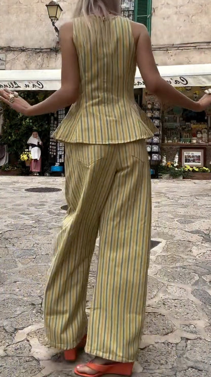 Stripe Peplum Top & Wide Leg Pants Co‑Ord