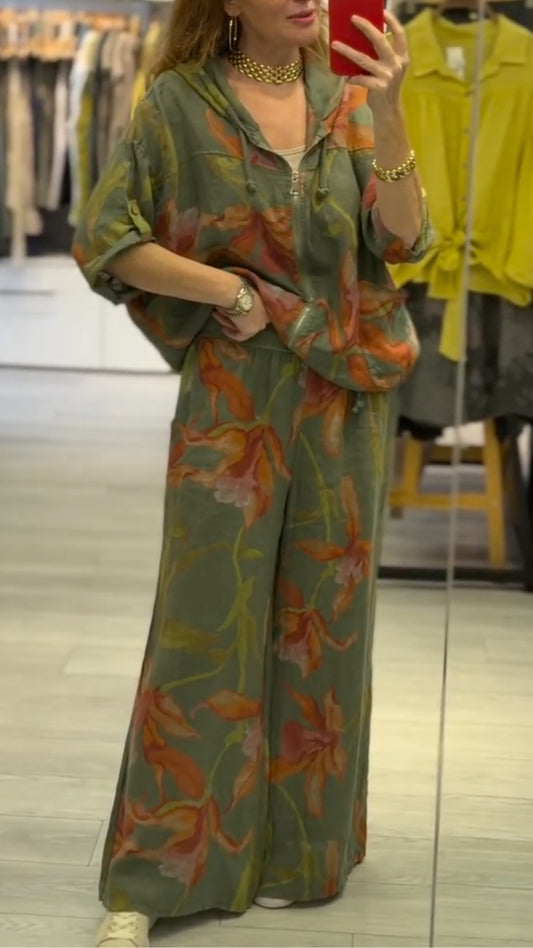 Green Floral Print Hoodie & Pants Co-Ord Set