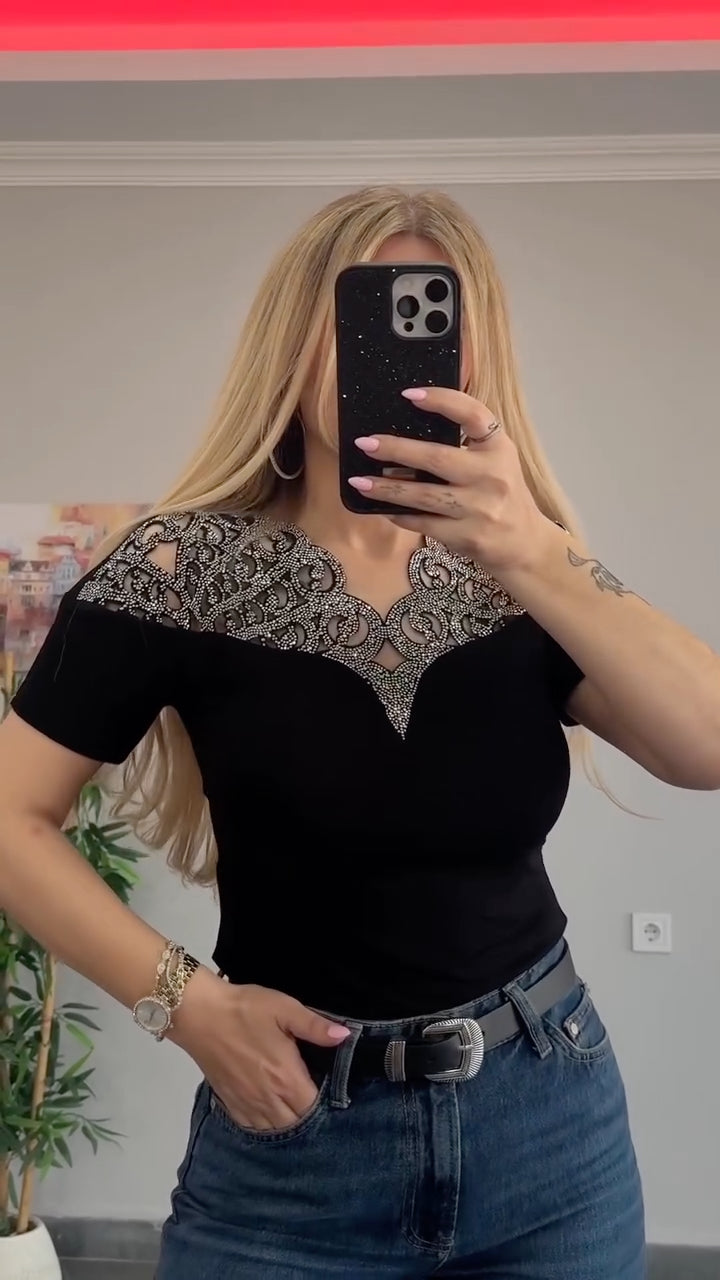 Black Rhinestone Lace Neckline Top