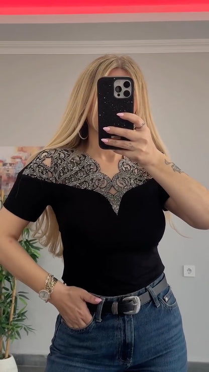 Black Rhinestone Lace Neckline Top