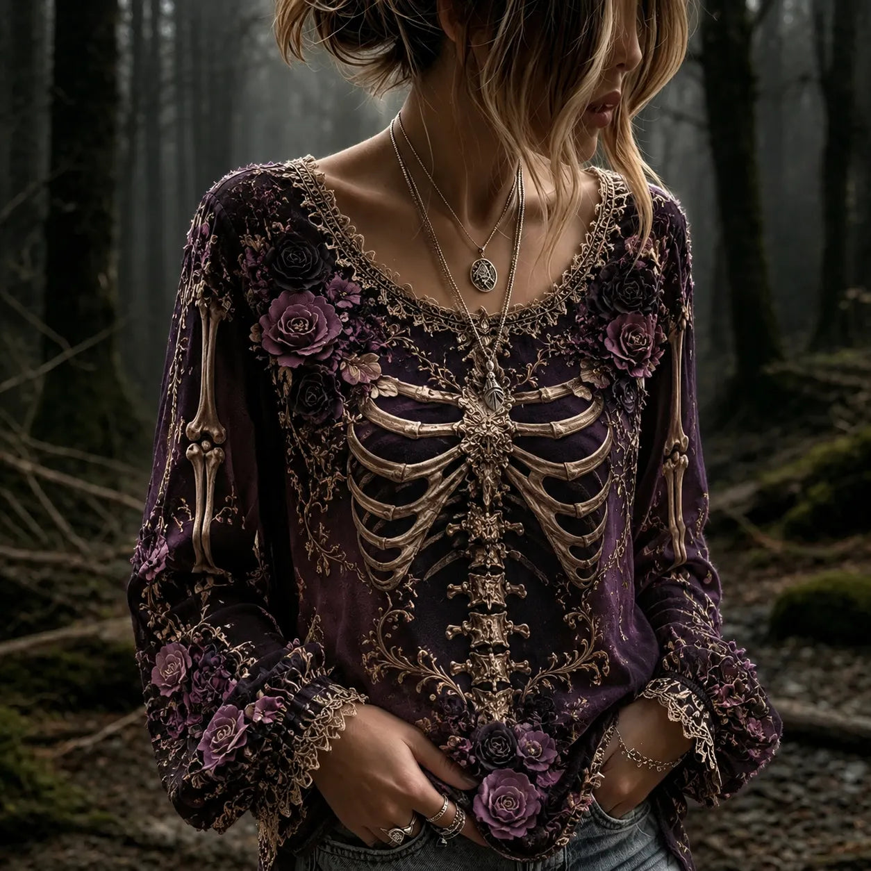 Women's Vintage Halloween Rose And Human Skeleton Art Graphic Long Sleeve T-shirt