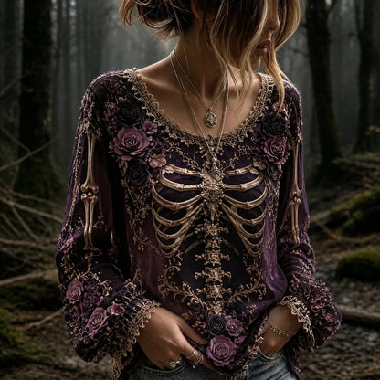 Women's Vintage Halloween Rose And Human Skeleton Art Graphic Long Sleeve T-shirt
