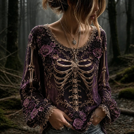 Women's Vintage Halloween Rose And Human Skeleton Art Graphic Long Sleeve T-shirt