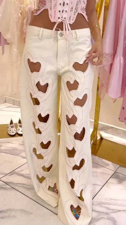 White Heart Cutout Wide Leg Denim Pants