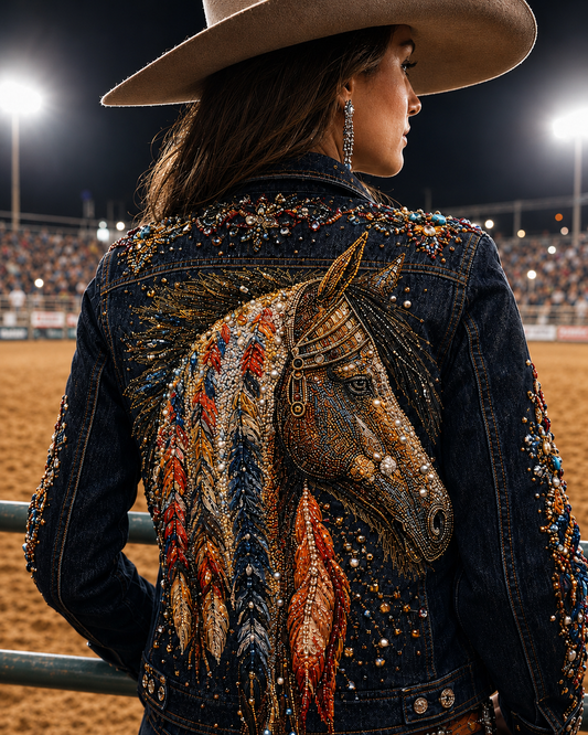 Beaded Horse Feather Dark Denim Jacket