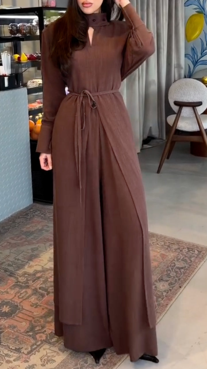 Mock Neck Long Sleeve Top & Wide Leg Pants Co‑Ord Set