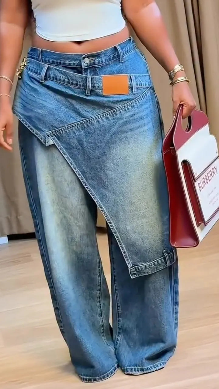 Asymmetric Wrap Skirt Panel Wide Leg Denim Pants