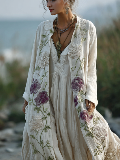 Bohemian Style Plant And Flower Embroidery Printed Women's Cotton And Linen Long Cardigan