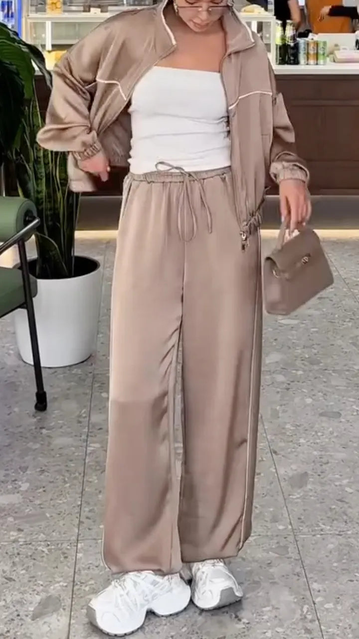 Khaki Satin Casual Sportswear 2-Piece Set