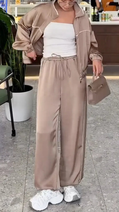 Khaki Satin Casual Sportswear 2-Piece Set