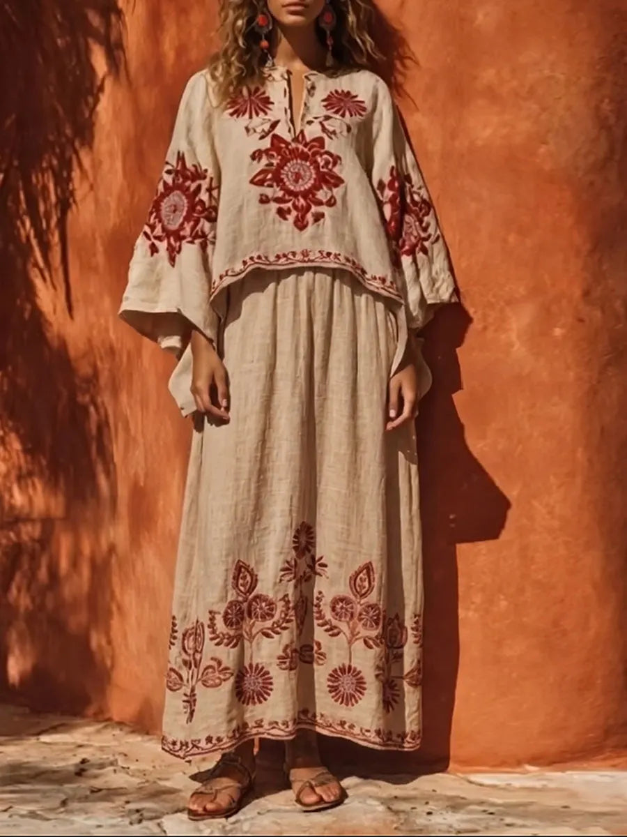 Women's Cotton-Linen Set: Casual Loose Long-Sleeve V-Neck Top with Placement Print & High-Waisted A-Line Skirt