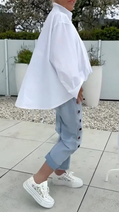 Oversized V‑Neck Shirt & Eyelet‑Detail Cropped Jeans Co‑Ord Set