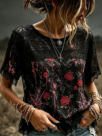 Women's Retro Halloween Style Rose And Spider Embroidery Print Top
