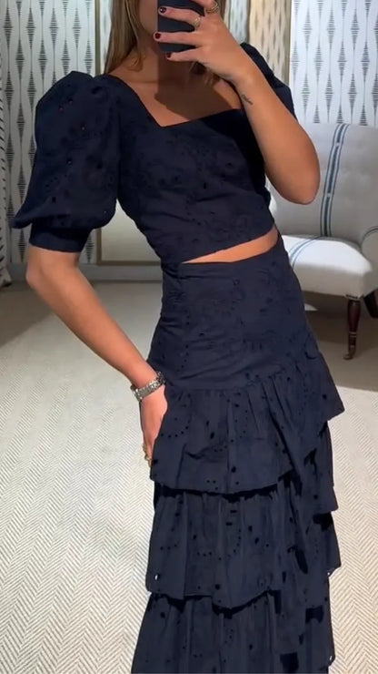 Eyelet Puff-Sleeve Crop Top & Tiered Maxi Skirt Set