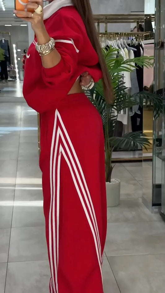 Red Cropped Polo Sweatshirt & Striped Pants Set
