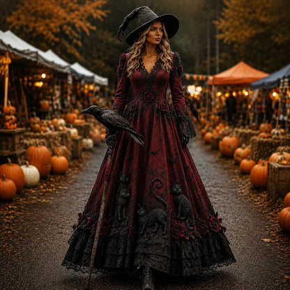 Women’s Black Cat & Rose Applique Gothic V-neck Dress