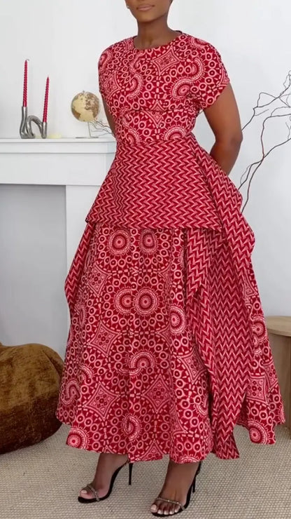 Red Ethnic Pattern Short Sleeve Layered Midi Dresss