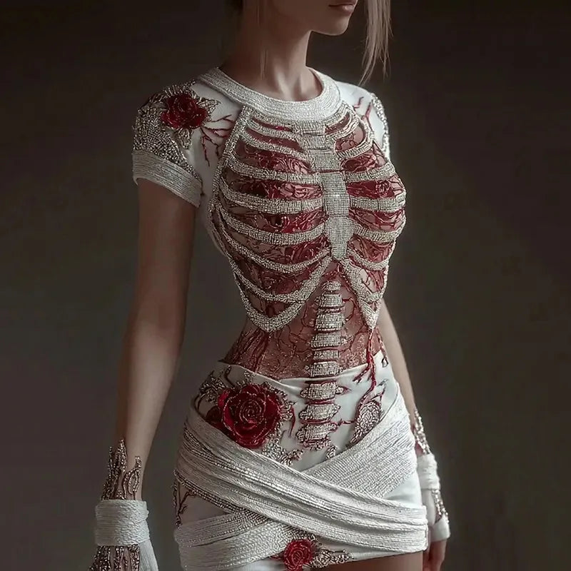 Women's Vintage Halloween Rose And Human Skeleton Art Pattern Mini Dress