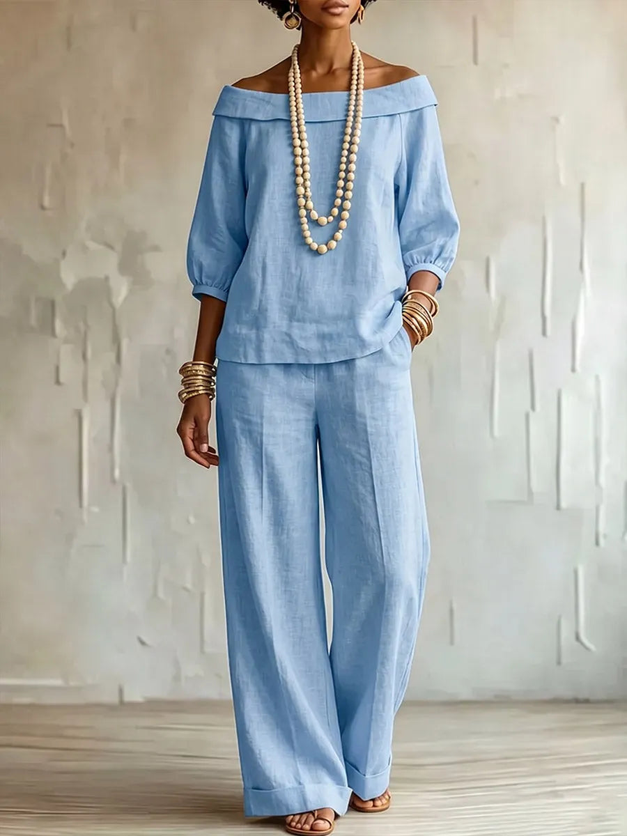 Women's Solid-color Casual Cotton-linen Set: Boat Neck 3/4 Sleeve Loose Top & High-waisted Wide-leg Pants