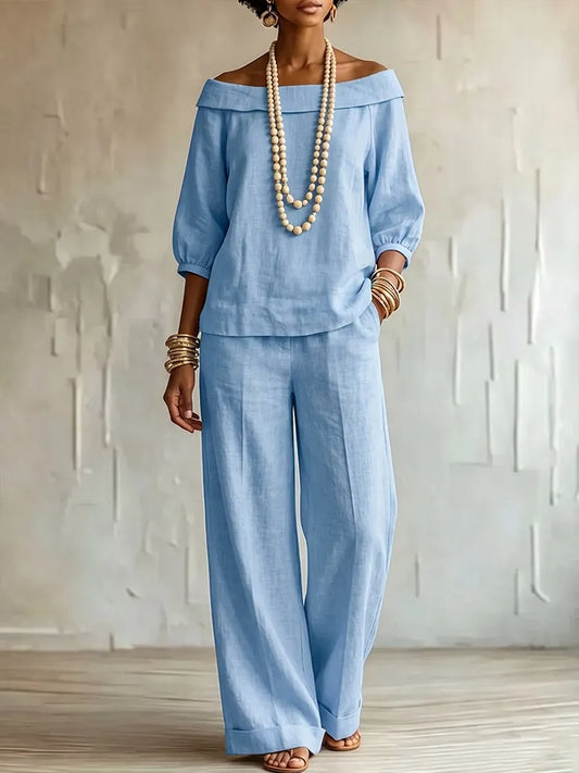 Women's Solid-color Casual Cotton-linen Set: Boat Neck 3/4 Sleeve Loose Top & High-waisted Wide-leg Pants