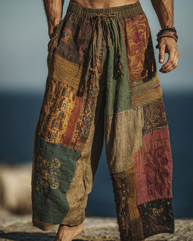 Men's casual ethnic stitching linen pants a524