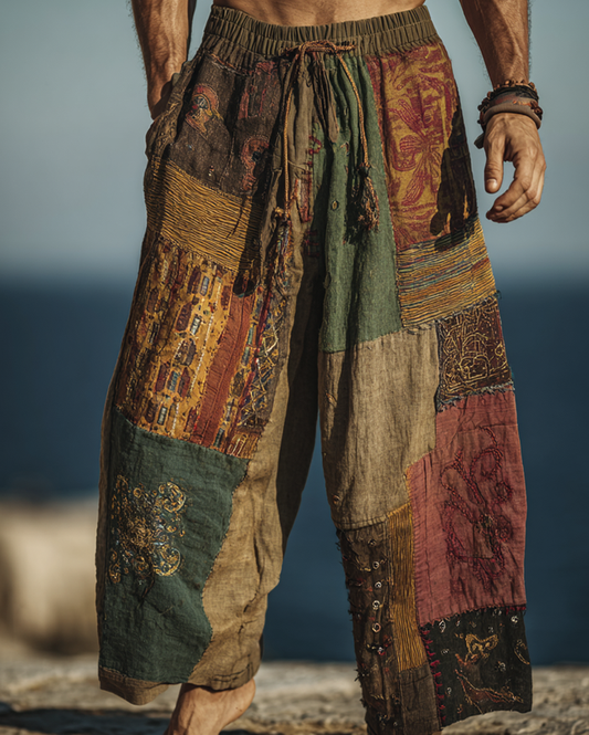 Men's casual ethnic stitching linen pants a524