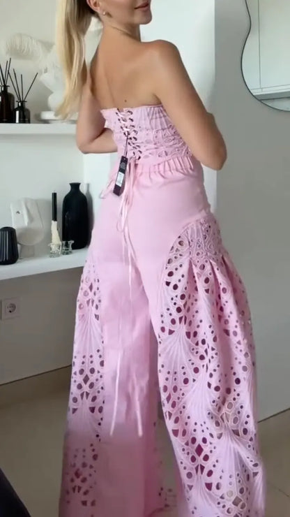 Eyelet Lace Strapless Crop Top & Flared Pant Co-Ord
